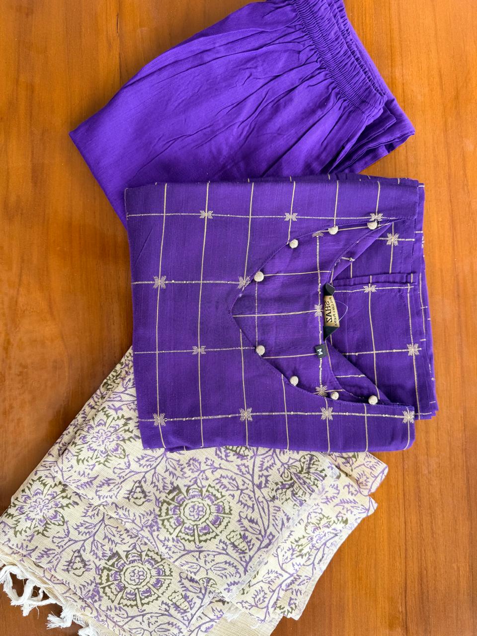RAWSILK SALWAR- Royal Purple Grid Kurta Set