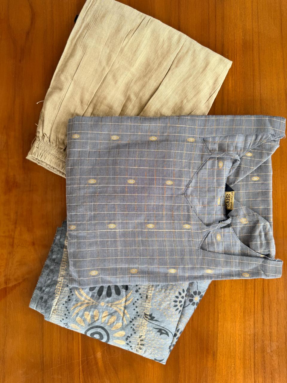 RAW SILK- Steel Grey Checkered Ethnic Suit